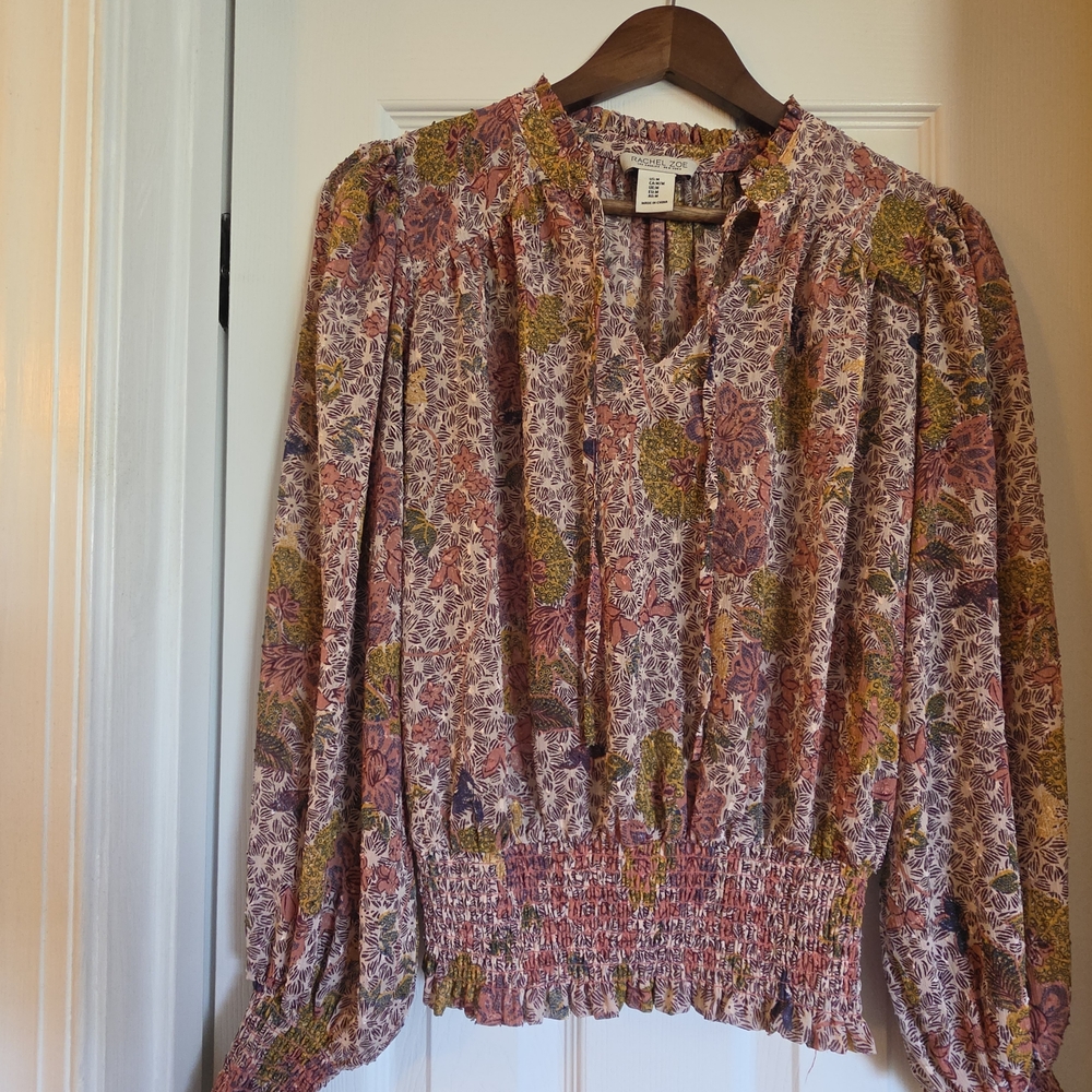 Rachel Zoe Mauve Floral Smocked Peasant Blouse with Olive Accents